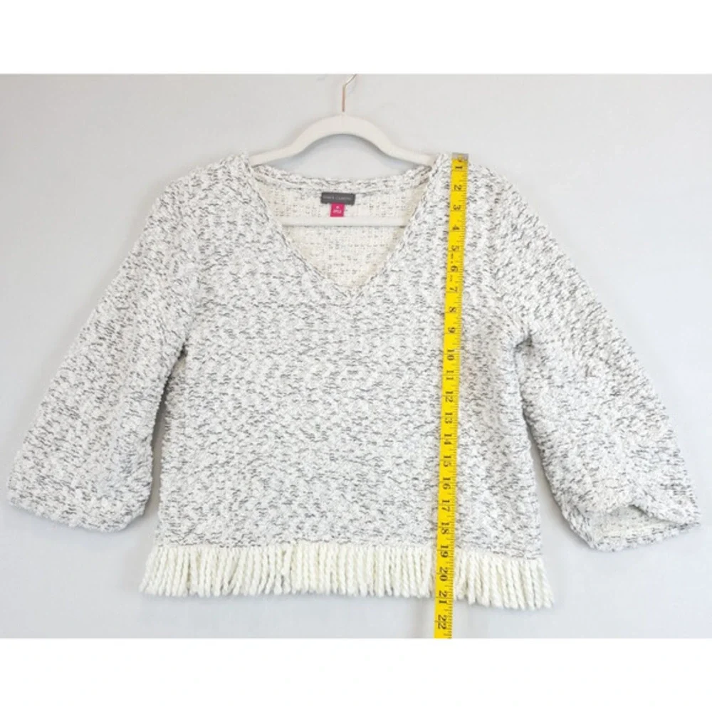 Vince Camuto Fringe‎ Trim Textured Sweater Women XS V Neck White Black Cozy Knit